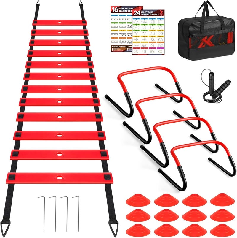 BORNEW Agility Speed Training Equipment Set, Football Practise Set with 20ft Agility Ladder, 12 Cones, 4 Adjustable Hurdles, Jump Rope, Parachute, for Basketball, Soccer, Football, Kids, Youth, Adults - Image 1